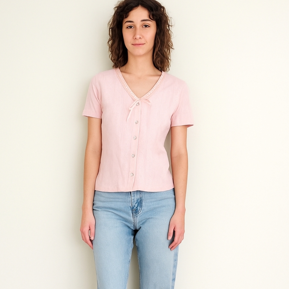 Pink Button-Up Short Sleeve Top